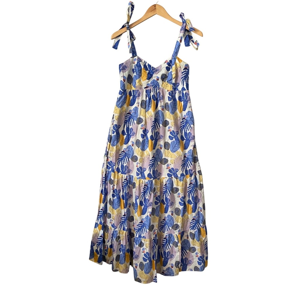 Joy Joy Babydoll Tropical Print Maxi Dress Blue Yellow Tie Shoulder Smocked XS